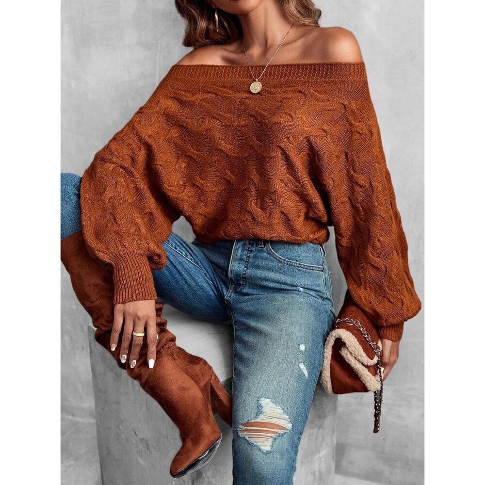 Women's Off the Shoulder Sweater Batwing Knit Pullover Fall Winter Casual - Picture 2 of 7
